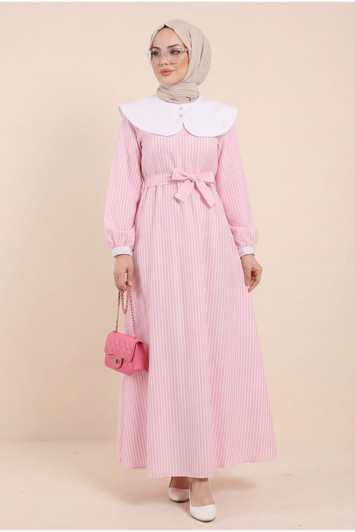 Baby Collar Striped Long Dress with Elastic Waist -Pink