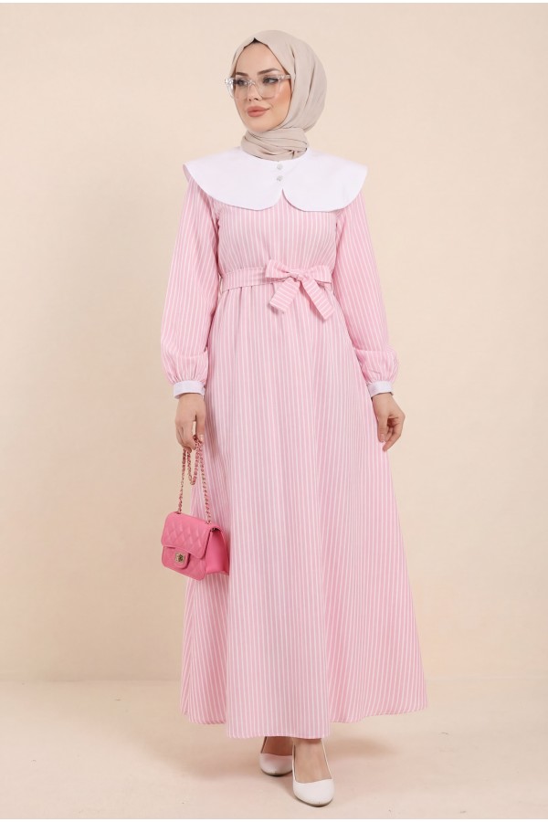 Baby Collar Striped Long Dress with Elastic Waist -Pink