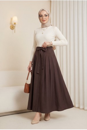 Button-front, lace-up parachute skirt -Brown