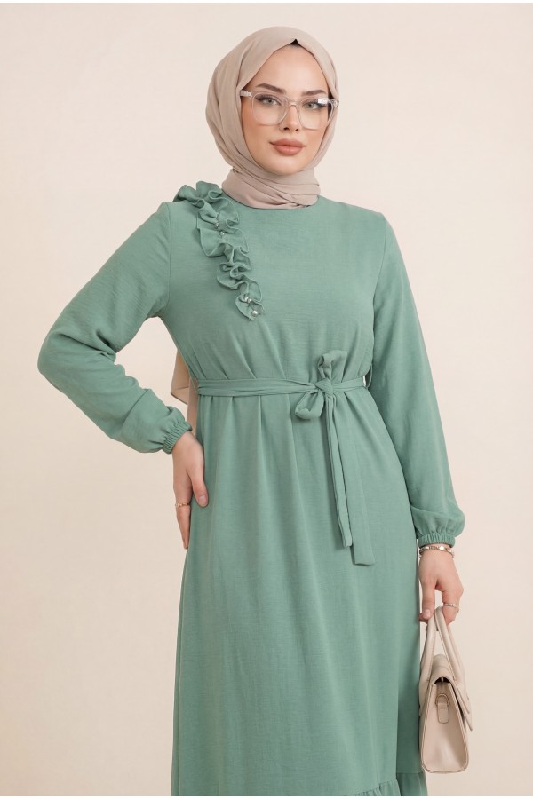 Ruffle Stone Detailed Piece Skirt Belted Ayrobin Dress -Cagla Green