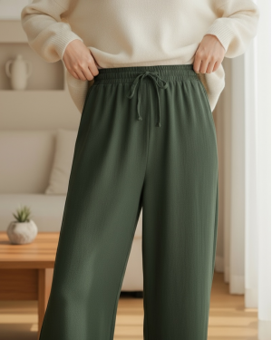 Bağcık Detaylı Bol Paça Beli Lastikli Keten Pantolon -Haki