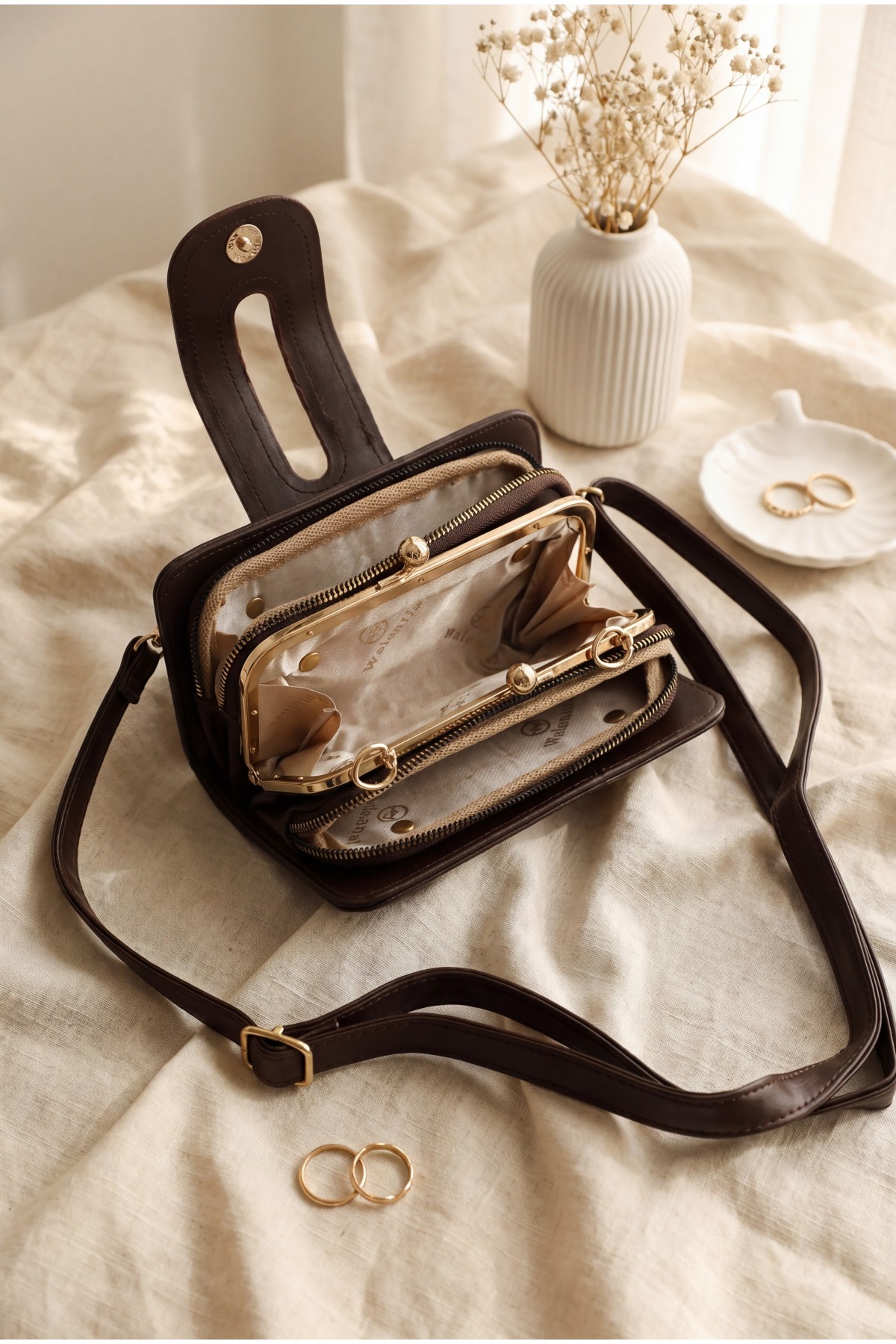 Gold Detailed Multifunctional Hand and Shoulder Bag -Dark Coffee