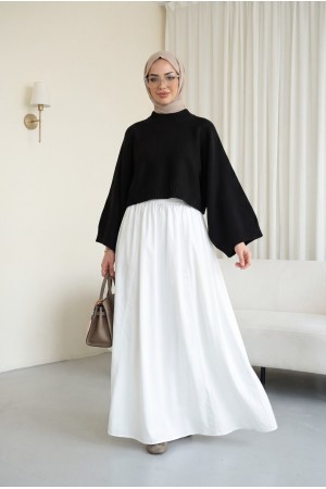 Yarım Boğazlı Yarasa Kol Etek Üstü Triko Kazak -Siyah