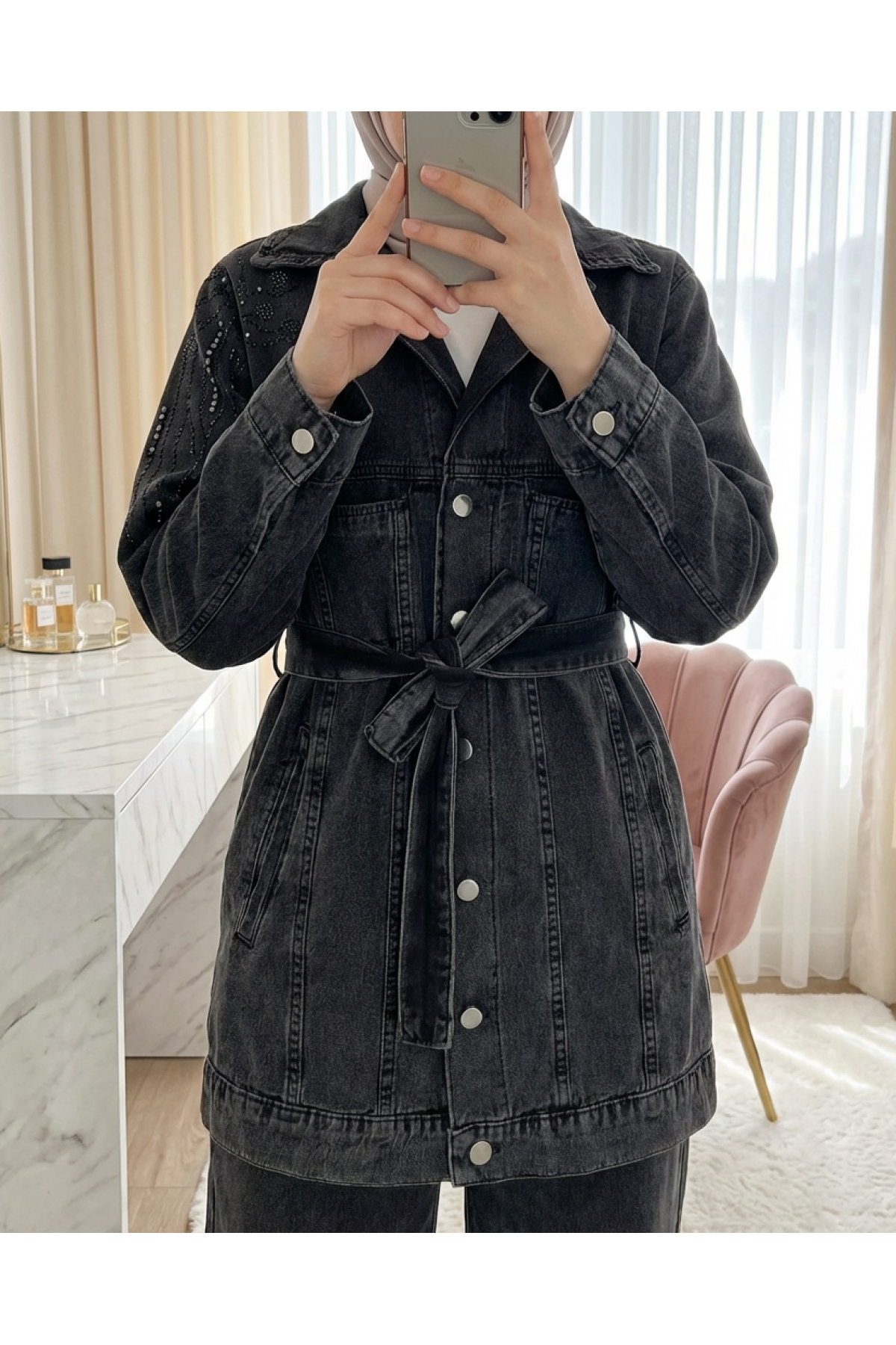 Denim Suit with Pockets, Button-Front, Belted Waist and Rhinestone Embellishments -Anthracite