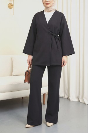 Çapraz Bağlamalı Selanik Kimono Takım -Siyah