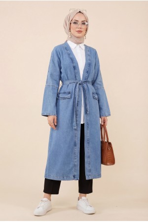 Cep Detaylı Kuşaklı Kot Kap -Buz Mavi