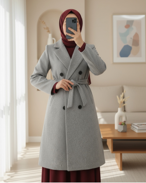 Tek Düğmeli Cepli Kemerli Astarlı Kaşe Kaban -Gri