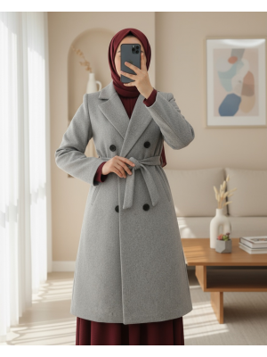 Tek Düğmeli Cepli Kemerli Astarlı Kaşe Kaban -Gri