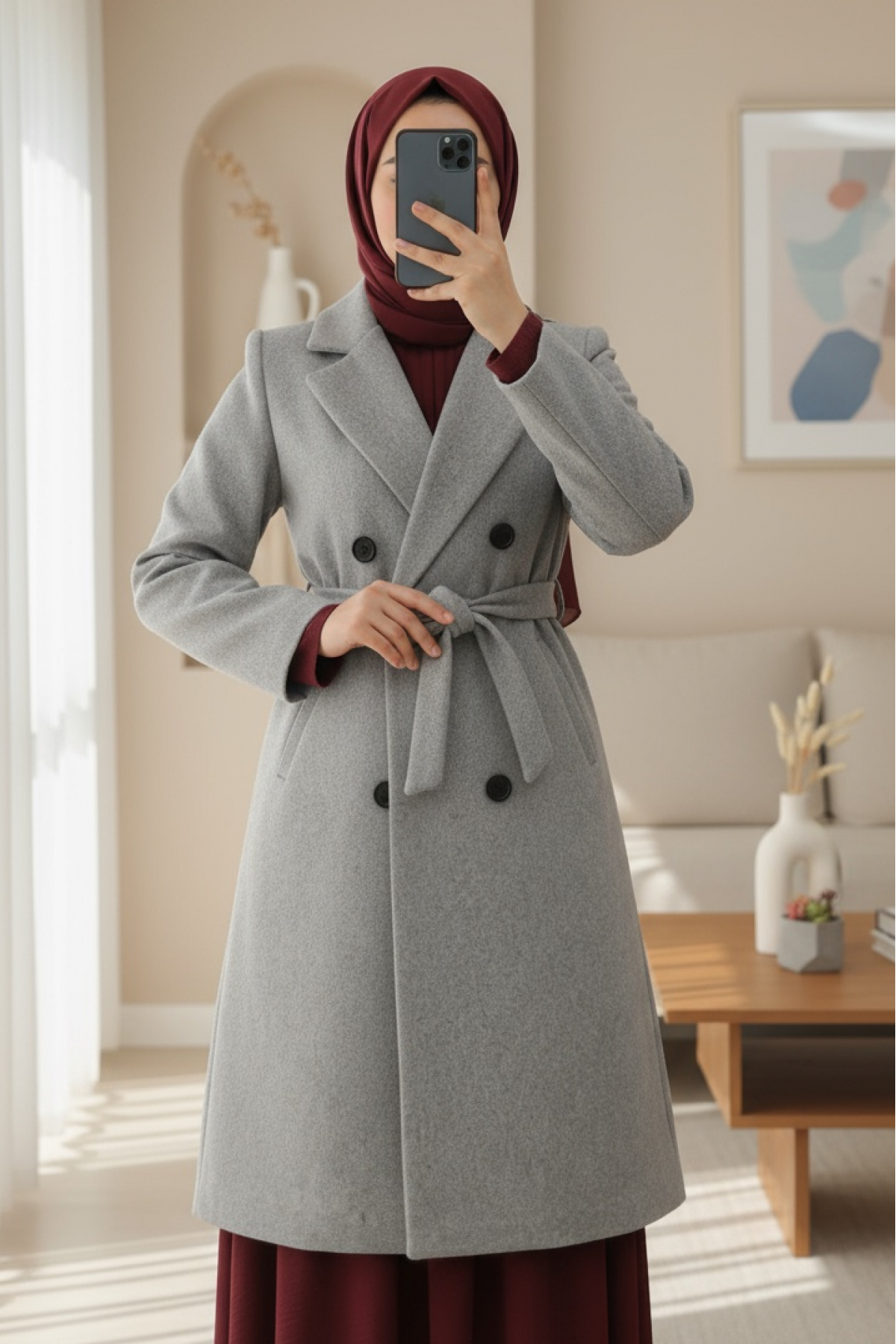 Single-Button, Pocket, Belted, Lined Cashmere Coat -Grey