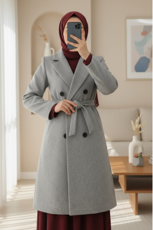 Tek Düğmeli Cepli Kemerli Astarlı Kaşe Kaban -Gri