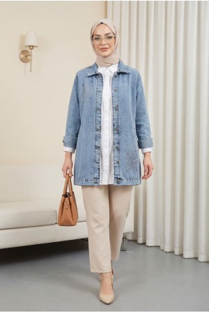 Önü Taş Detaylı Çift Cepli Kot Ceket   -Buz Mavi