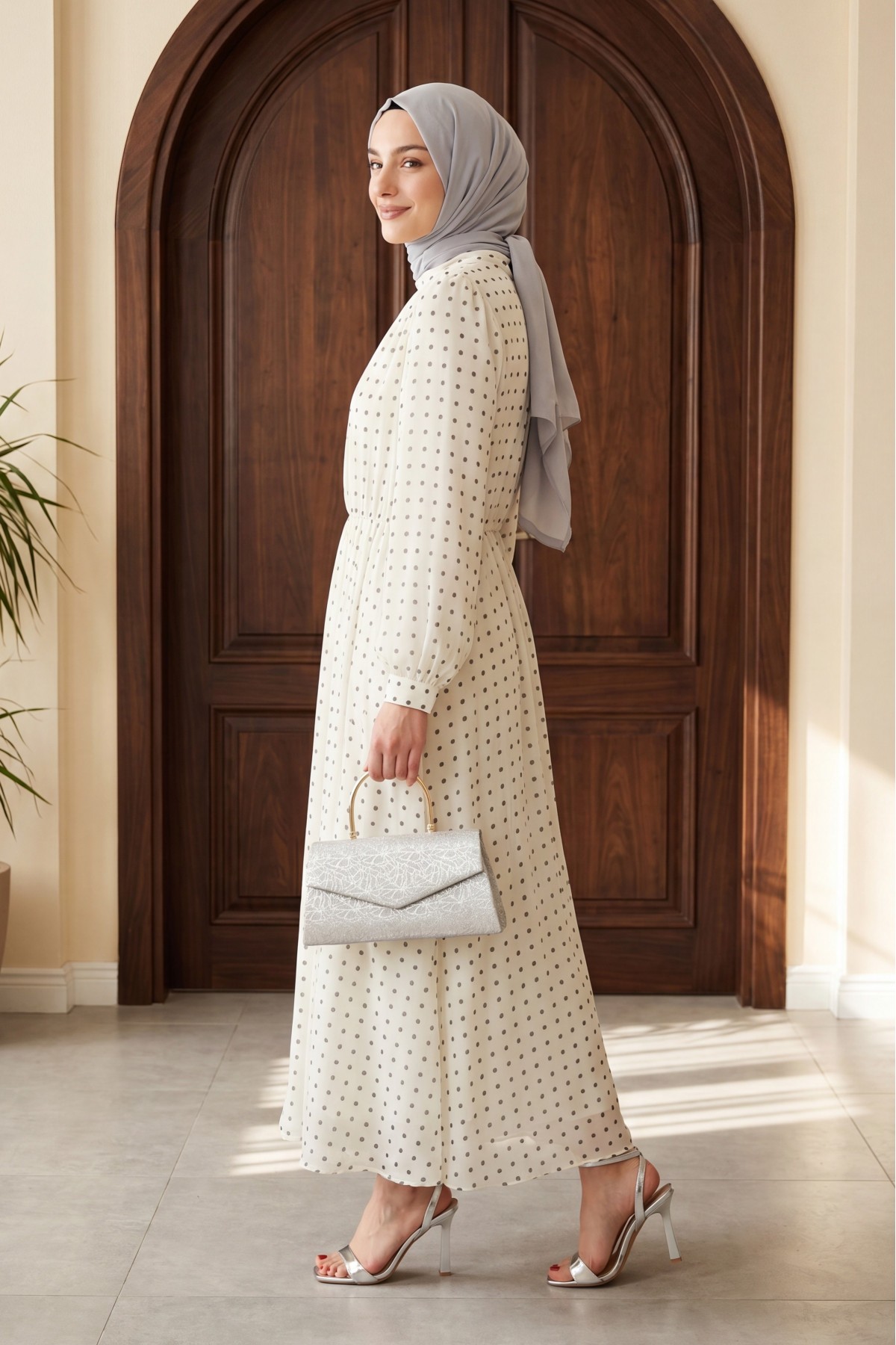 Lined, Elastic Waist, Polka Dot Patterned Long Chiffon Dress -White