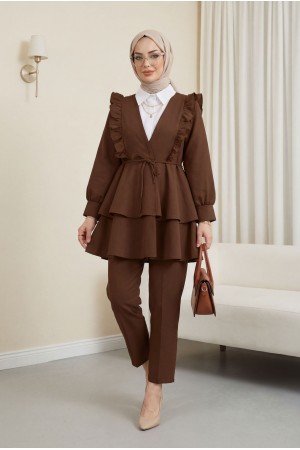 Kimono Set with Frilled Front Laced Skirt and Layered Trousers     -Snuff