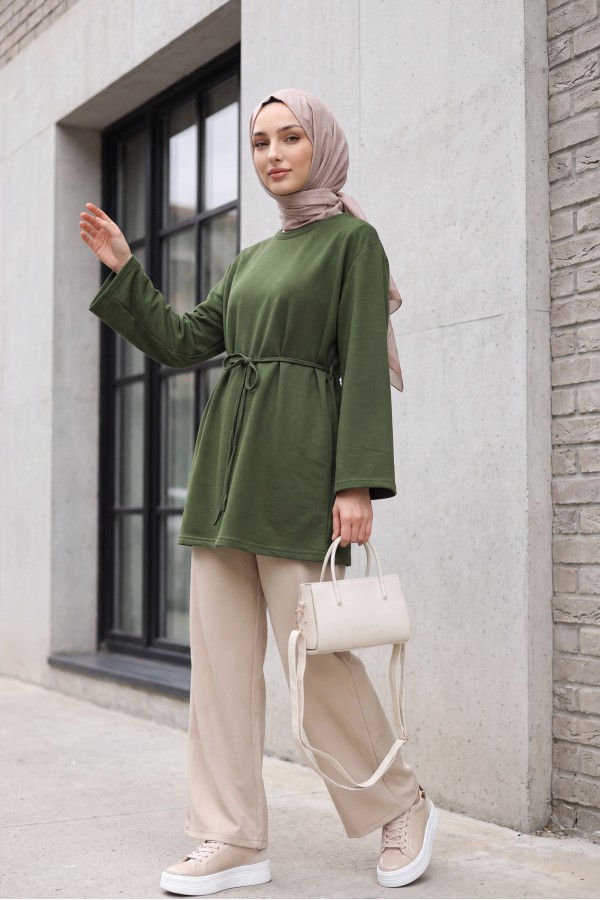 Round Neck Tied Waist Combed Cotton Tunic -Khaki