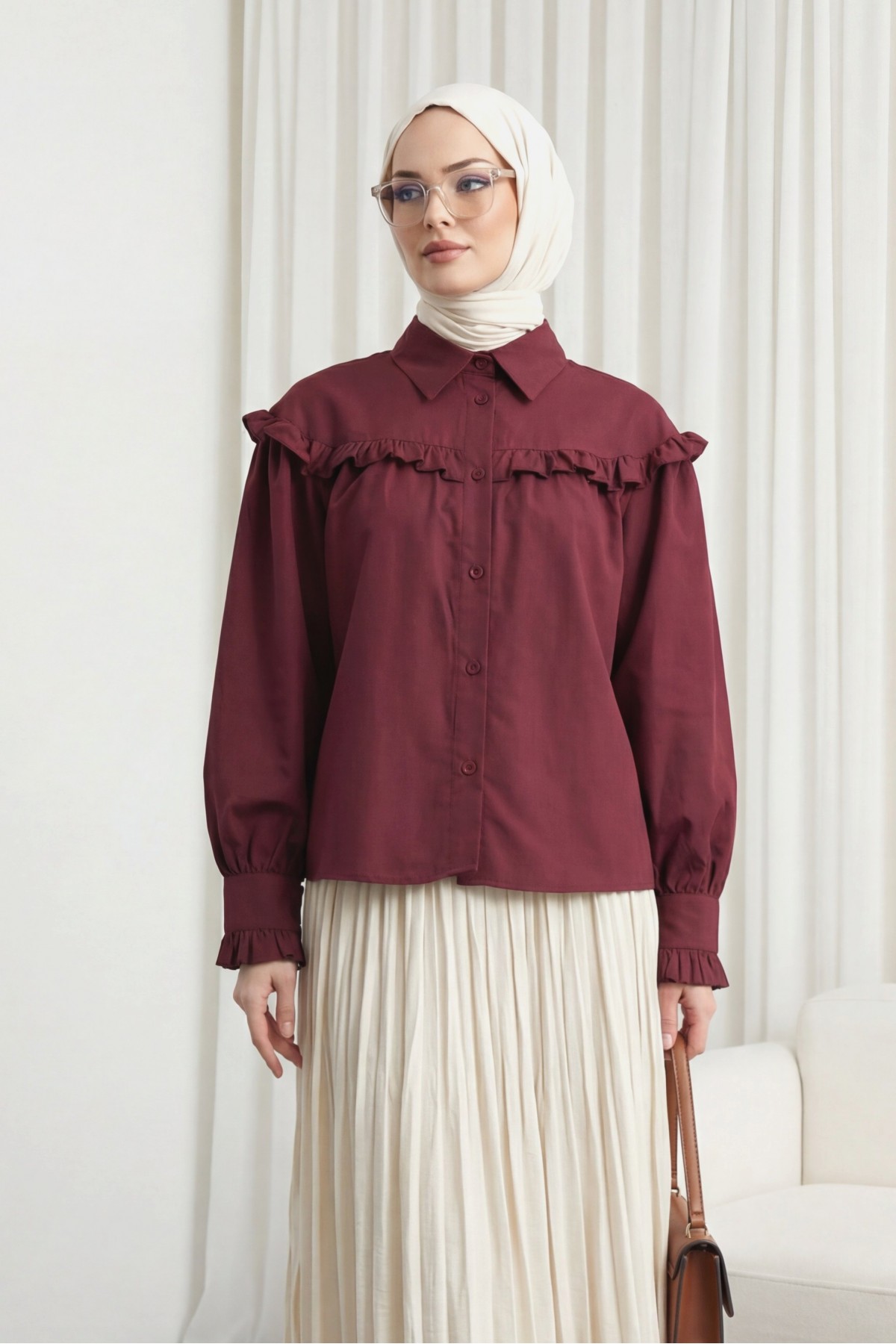 Short Shirt with Ruffle Detail and Button Closure -Maroon