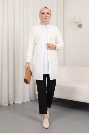 Eteği Desenli Ajurlu Hırka -Ekru