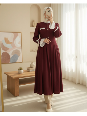 Omzu Vatkalı Kolu Bağcıklı Düğme Detaylı Cepli Pliseli Elbise -Bordo