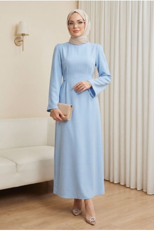 Hakim Yaka Belden Bağlamalı Elbise        -Bebe Mavi