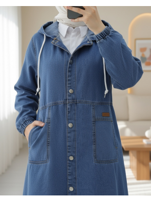 Boydan Düğmeli Kapşonlu Katlama Cepli Kot Kap -Mavi