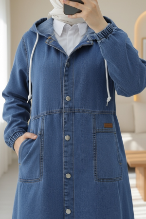 Boydan Düğmeli Kapşonlu Katlama Cepli Kot Kap -Mavi