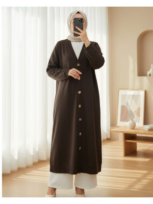 Düğmeli Selanik Uzun Hırka -Kahve