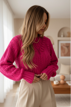 Kabartma Desenli Ajurlu Triko Kazak -Fuşya