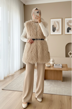 Kemerli Yan Cepli Kürklü Astarlı Yelek -Açık Vizon