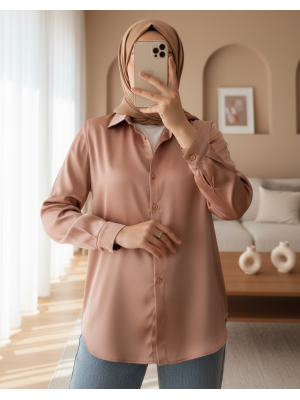 3964 Hafif Dökümlü Saten Gömlek - Camel