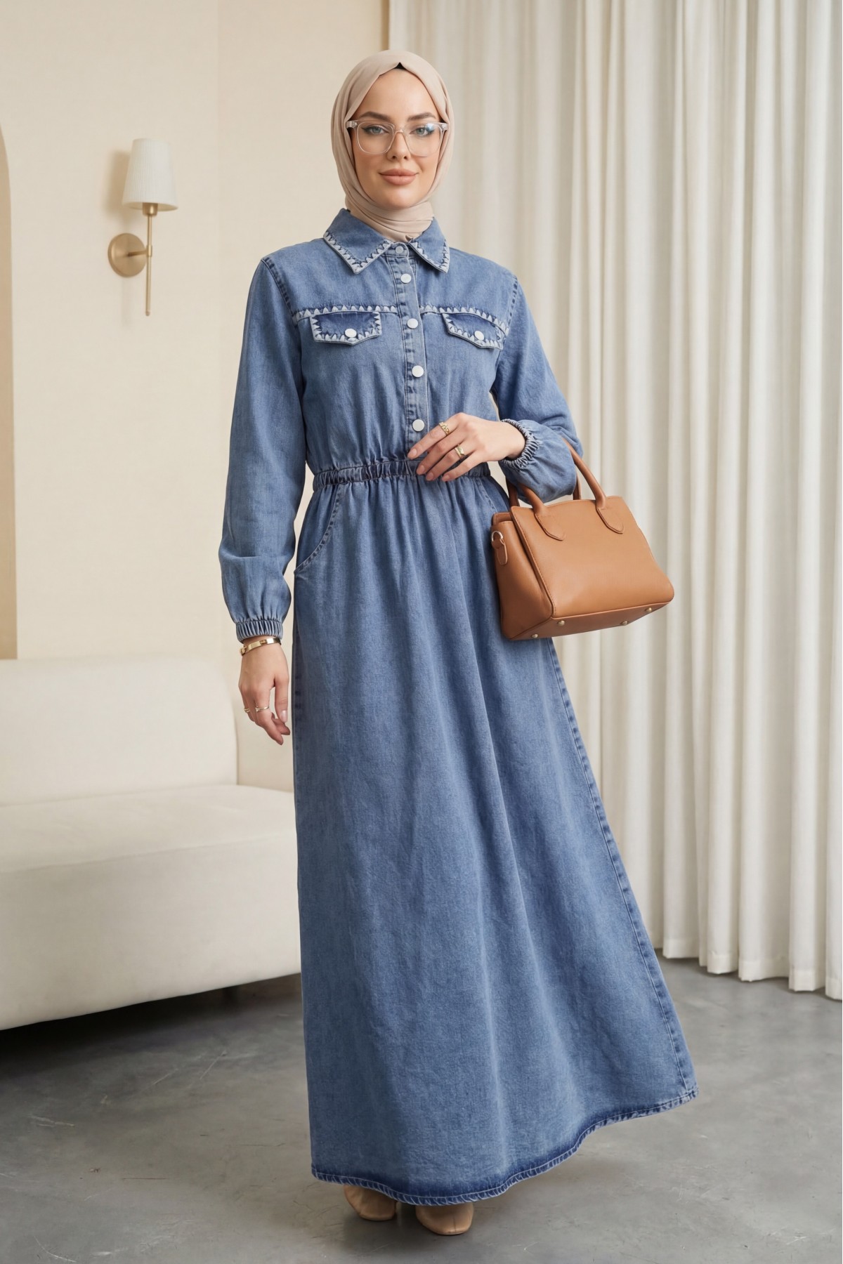 Half-buttoned, elasticated waist, pocketed, embroidered denim dress. -Ice Blue