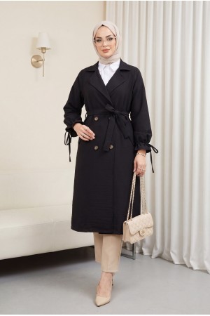 Kolu Manşeti Bağcıklı Kemerli Kap -Siyah