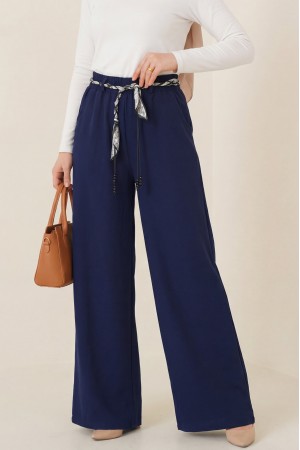 Bol Paça Beli Lastikli Kemerli Cepli Keten Pantolon  -Laci