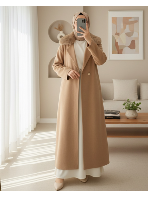 Yakası Kürklü Çift Düğmeli Uzun Triko Hırka -Vizon