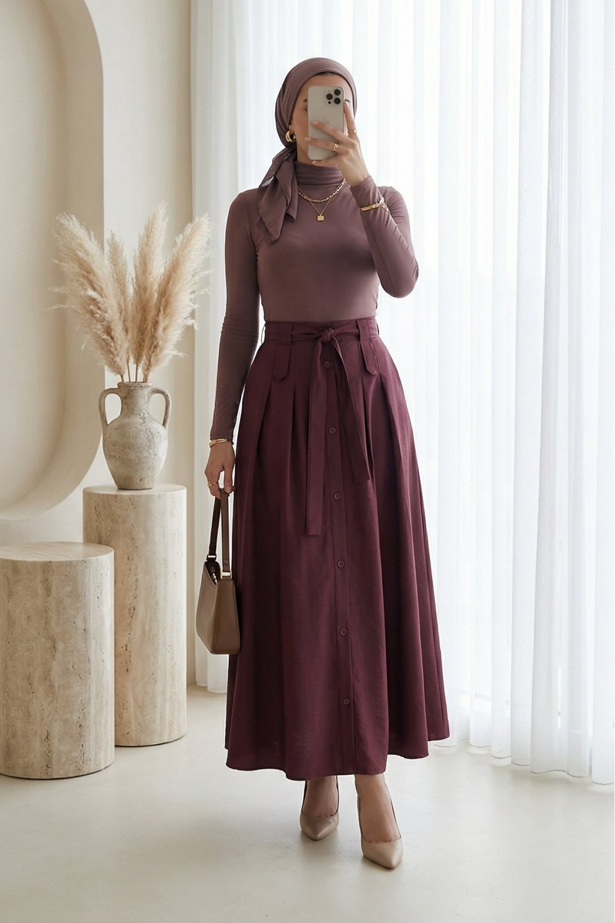 Button-front, lace-up parachute skirt -Damson