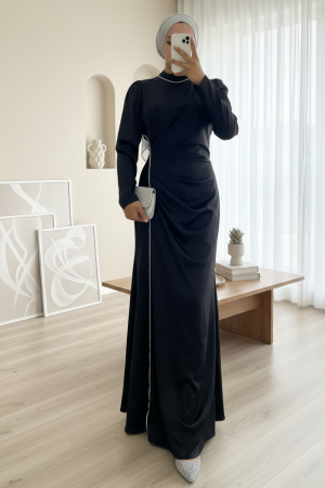 Taş Şeritli Beli Drapeli Saten Abiye -Siyah