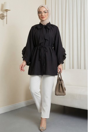 Yakası Bağcıklı Fermuarlı Kolu Fırfırlı Kemerli Modal Tunik -K. Kahve