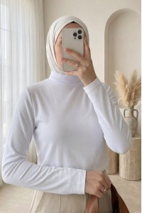 Dik Yaka Uzun Kol İçlik Bluz -Beyaz