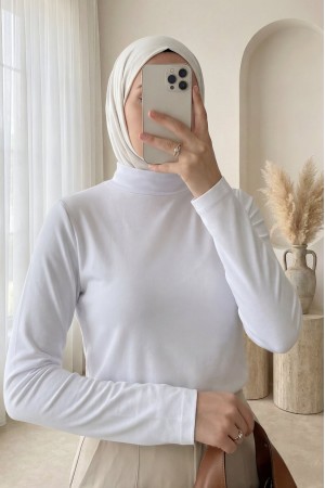 Dik Yaka Uzun Kol İçlik Bluz -Beyaz
