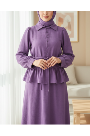 Parçalı Büzgülü Bluz Etekli Takım -Mor