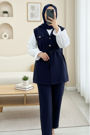 Zero Sleeve Button Front Waist Belted Three Piece Suit -Navy blue