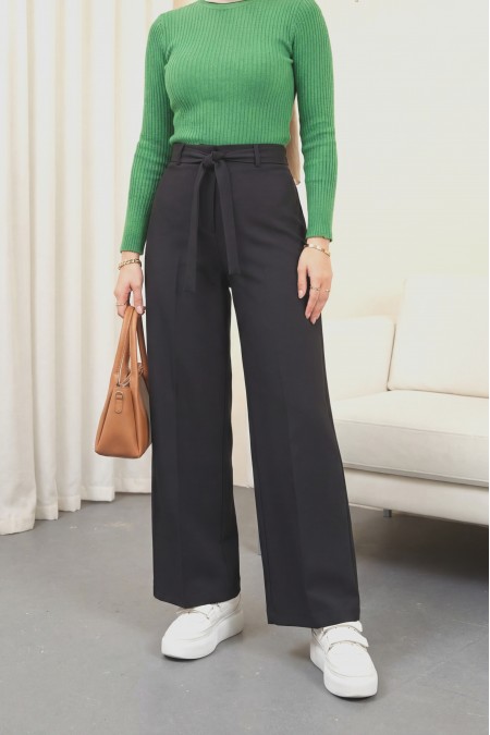 Duble Kumaş Beli Kuşaklı Bol Paça Pantolon -Siyah