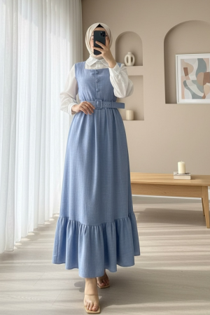 Top Düğmeli Altı Fırfırlı Beli Kemerli  Jile Elbise  -Bebe Mavi