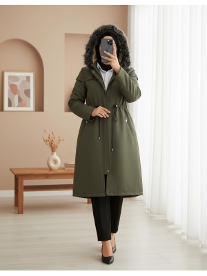 Çıkma Kapşonlu Yıldız Metal Detaylı Kaban -Haki