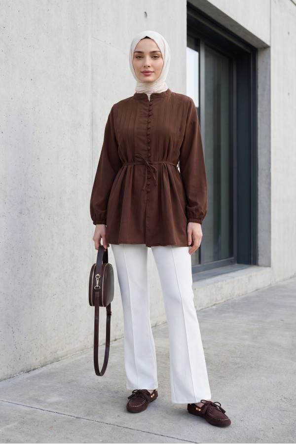 Poplin Shirt with Belted, Elasticated Cuffs, Button Front, and Fold Detail  -Brown