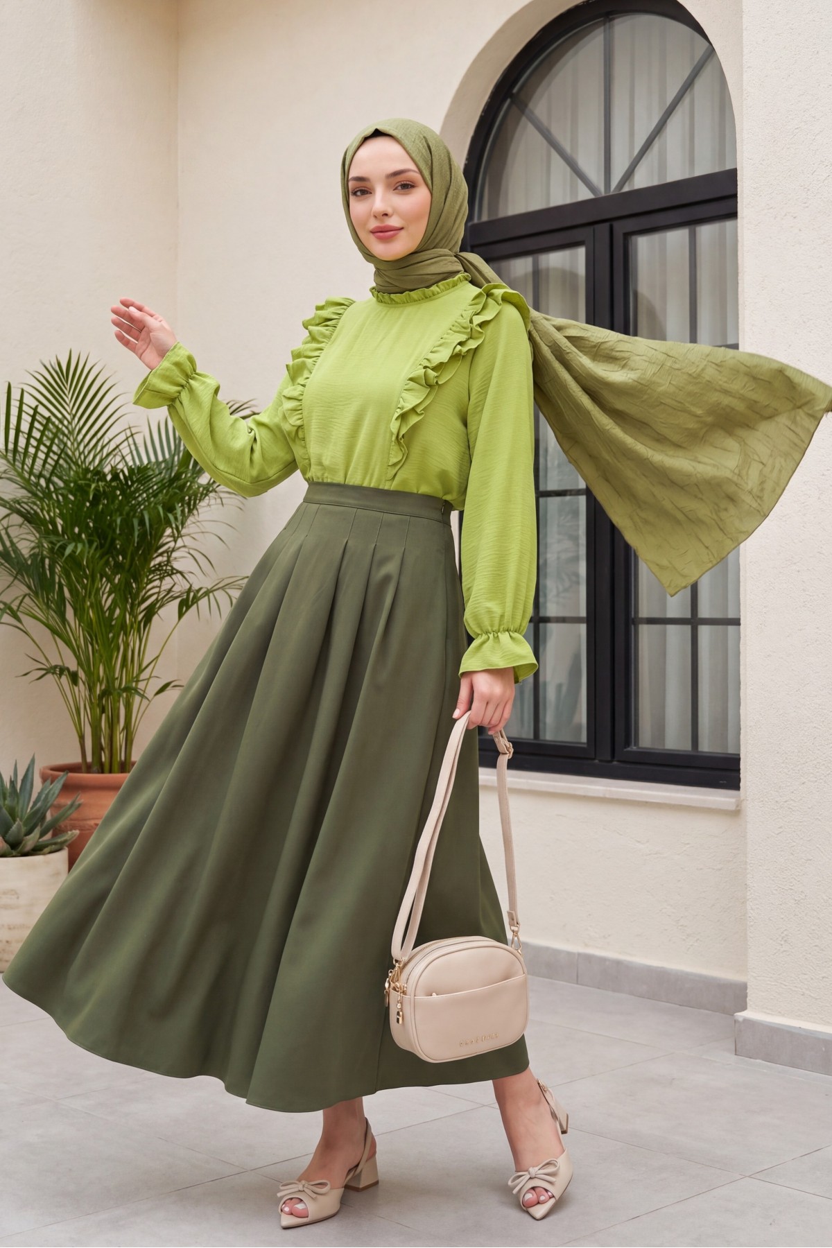 Pleated Crepe Skirt with Zippered Pockets -Khaki