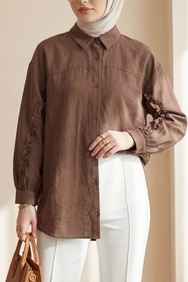 Buttoned Poplin Shirt with Ruffled Sleeves -Brown