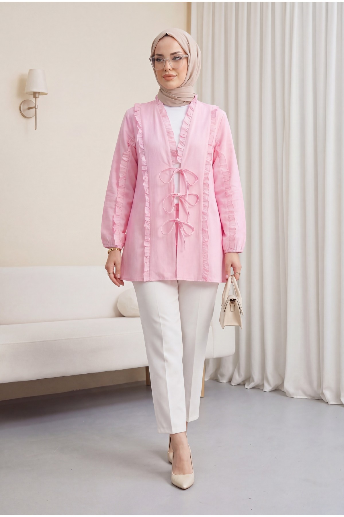 Linen-Look Kimono with Ruffled Front and Sleeves and Tie-Front Detail -Pink