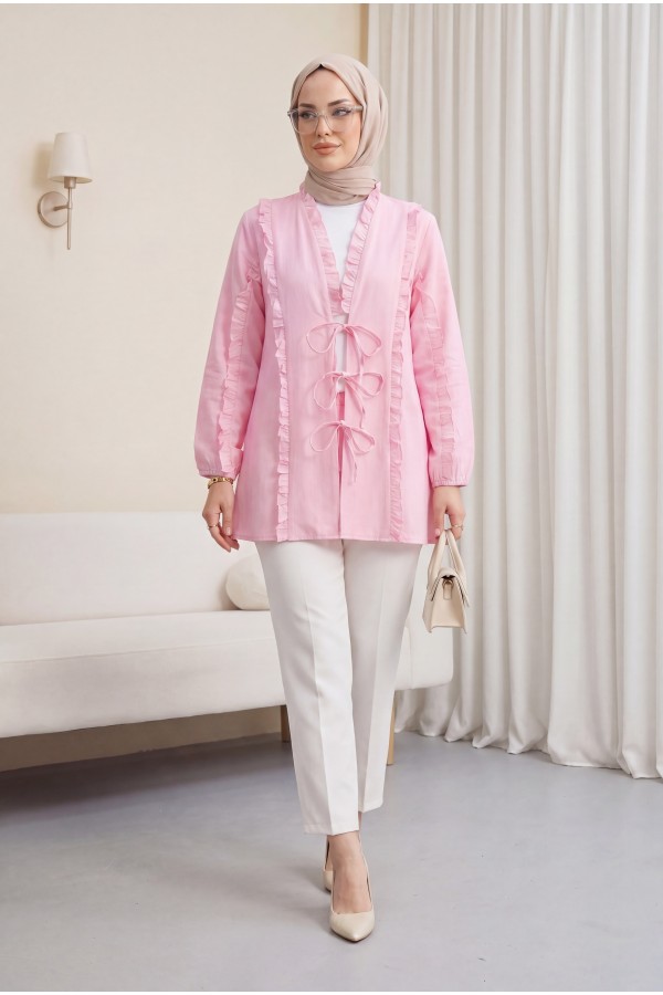 Önü Ve Kolu Fırfırlı Bağlamalı Keten Görünümlü Kimono -Pembe