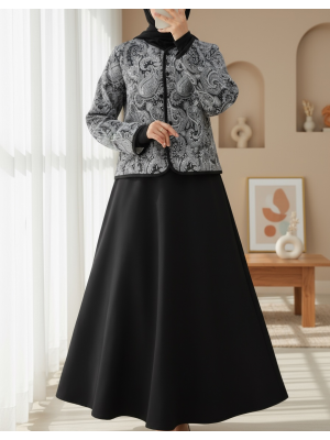 Etnik Desenli Top Düğmeli Scuba Takım -Siyah