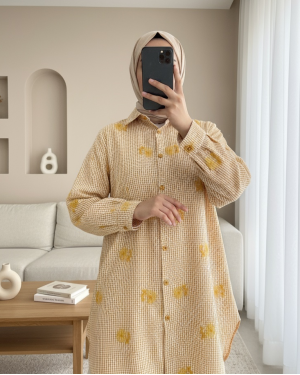 Çiçek Nakışlı Kareli Gömlek -Turuncu