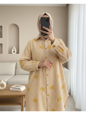 Çiçek Nakışlı Kareli Gömlek -Turuncu